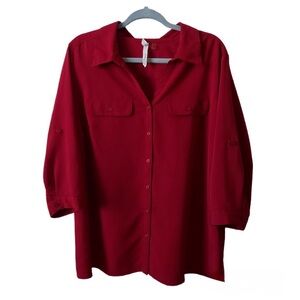 New York Collection Career Fitted Button Down Blouse Ruby Red 2X (XXL, 18/20)
